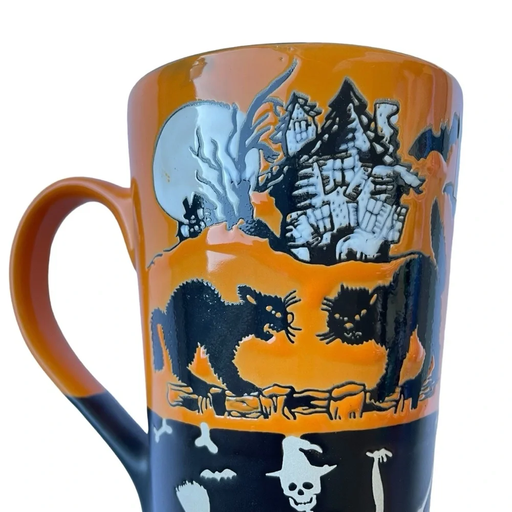 Halloween Tall 17 Oz Ceramic Mug Skeleton Black Cat Haunted House NEW - Picture 4 of 7